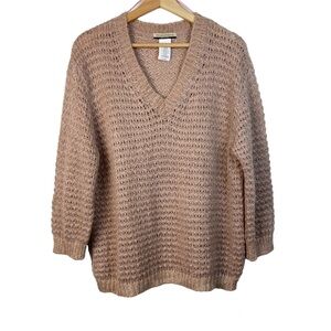 CHIARAMENTE Made in Italy Crochet Knit V-Neck Sweater, Peachy Pink, Size Medium